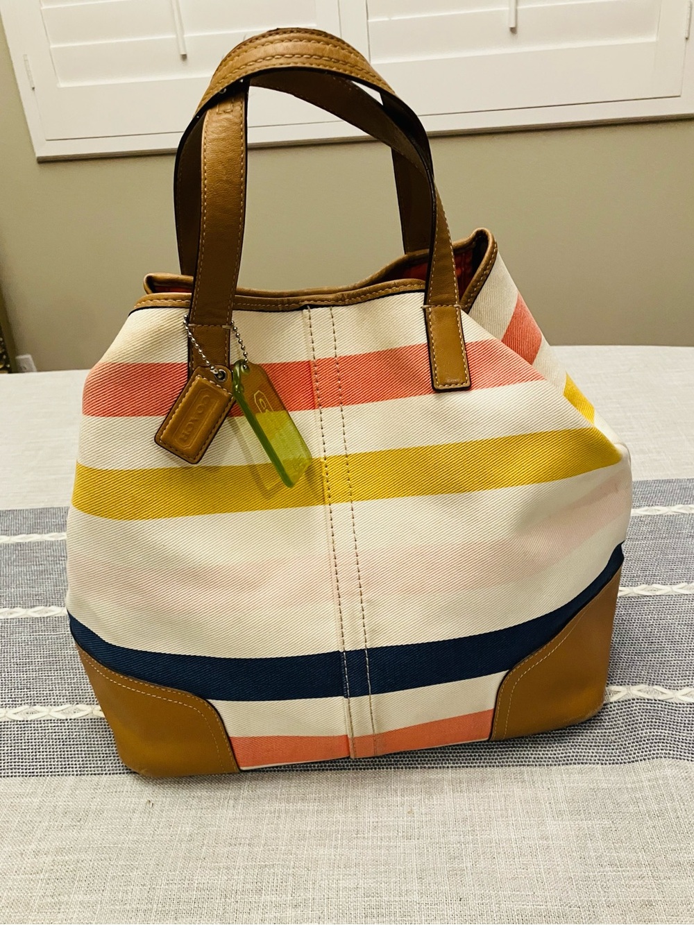 Coach Hadley Striped Canvas Tote with tan leather and signature hangtags - USED - Picture 2 of 14